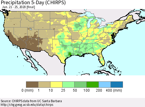 United States Precipitation 5-Day (CHIRPS) Thematic Map For 6/21/2020 - 6/25/2020