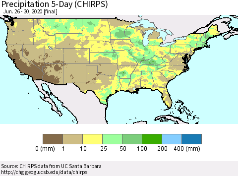 United States Precipitation 5-Day (CHIRPS) Thematic Map For 6/26/2020 - 6/30/2020