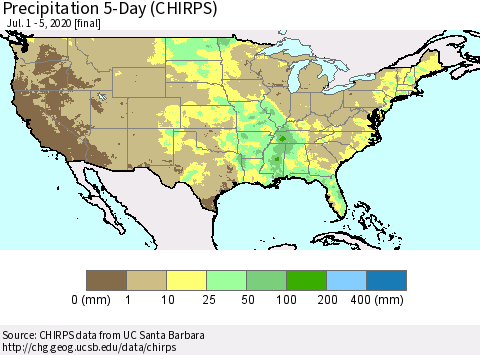 United States Precipitation 5-Day (CHIRPS) Thematic Map For 7/1/2020 - 7/5/2020