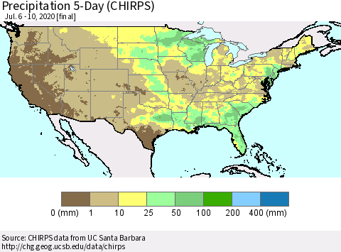 United States Precipitation 5-Day (CHIRPS) Thematic Map For 7/6/2020 - 7/10/2020