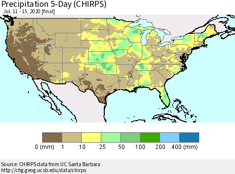 United States Precipitation 5-Day (CHIRPS) Thematic Map For 7/11/2020 - 7/15/2020