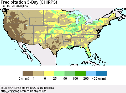 United States Precipitation 5-Day (CHIRPS) Thematic Map For 7/16/2020 - 7/20/2020
