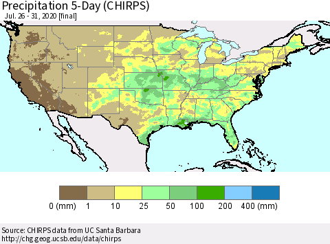 United States Precipitation 5-Day (CHIRPS) Thematic Map For 7/26/2020 - 7/31/2020