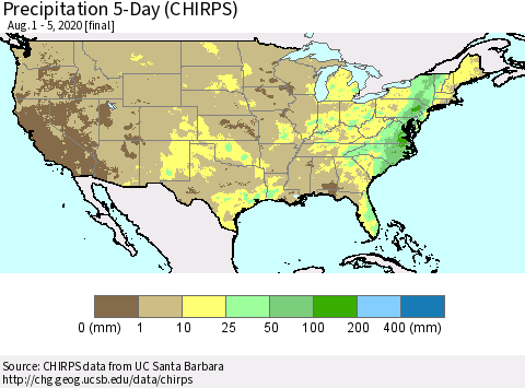 United States Precipitation 5-Day (CHIRPS) Thematic Map For 8/1/2020 - 8/5/2020