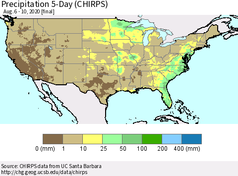 United States Precipitation 5-Day (CHIRPS) Thematic Map For 8/6/2020 - 8/10/2020