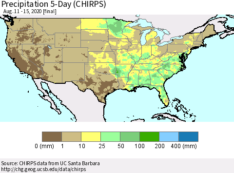 United States Precipitation 5-Day (CHIRPS) Thematic Map For 8/11/2020 - 8/15/2020