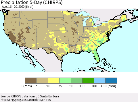 United States Precipitation 5-Day (CHIRPS) Thematic Map For 8/16/2020 - 8/20/2020