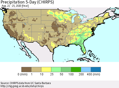United States Precipitation 5-Day (CHIRPS) Thematic Map For 8/21/2020 - 8/25/2020
