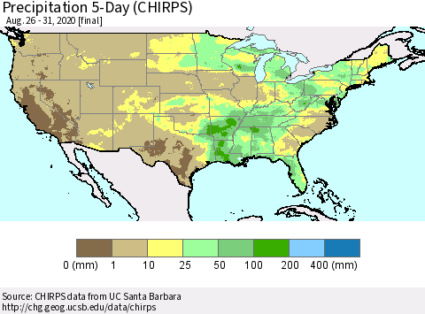 United States Precipitation 5-Day (CHIRPS) Thematic Map For 8/26/2020 - 8/31/2020