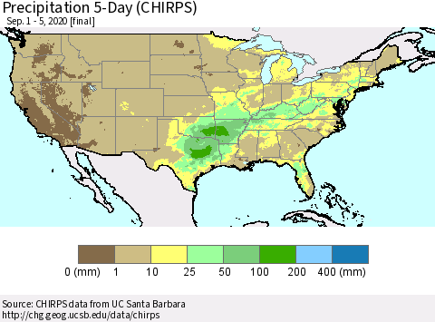 United States Precipitation 5-Day (CHIRPS) Thematic Map For 9/1/2020 - 9/5/2020
