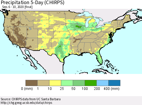 United States Precipitation 5-Day (CHIRPS) Thematic Map For 9/6/2020 - 9/10/2020
