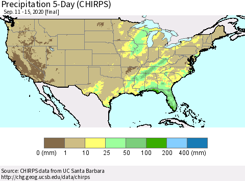 United States Precipitation 5-Day (CHIRPS) Thematic Map For 9/11/2020 - 9/15/2020