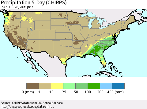 United States Precipitation 5-Day (CHIRPS) Thematic Map For 9/16/2020 - 9/20/2020