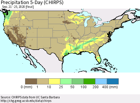 United States Precipitation 5-Day (CHIRPS) Thematic Map For 9/21/2020 - 9/25/2020