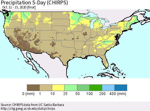 United States Precipitation 5-Day (CHIRPS) Thematic Map For 10/11/2020 - 10/15/2020