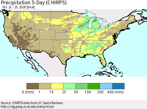 United States Precipitation 5-Day (CHIRPS) Thematic Map For 10/21/2020 - 10/25/2020