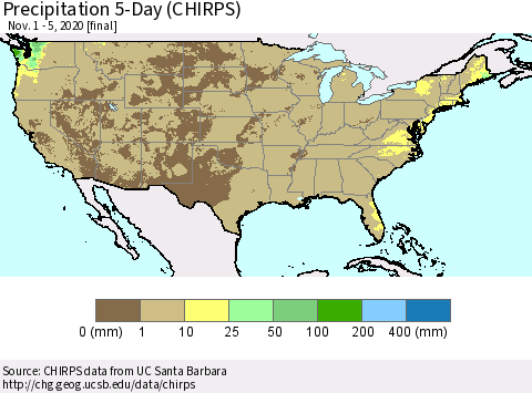 United States Precipitation 5-Day (CHIRPS) Thematic Map For 11/1/2020 - 11/5/2020