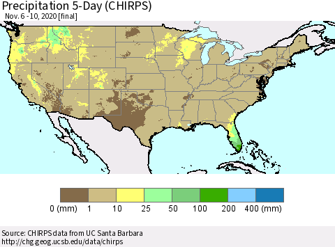 United States Precipitation 5-Day (CHIRPS) Thematic Map For 11/6/2020 - 11/10/2020