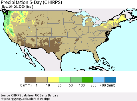 United States Precipitation 5-Day (CHIRPS) Thematic Map For 11/16/2020 - 11/20/2020