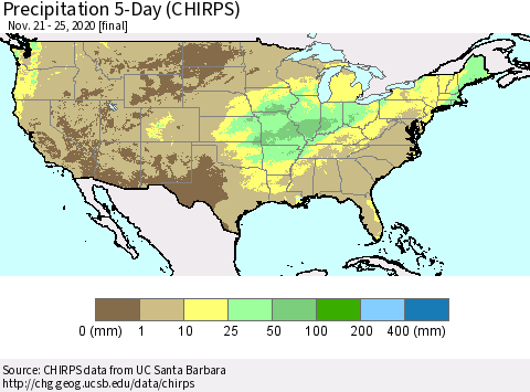United States Precipitation 5-Day (CHIRPS) Thematic Map For 11/21/2020 - 11/25/2020
