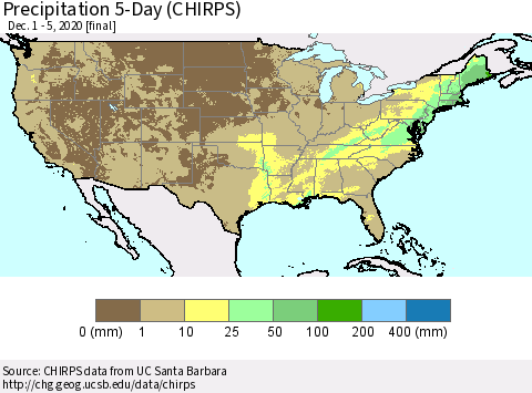 United States Precipitation 5-Day (CHIRPS) Thematic Map For 12/1/2020 - 12/5/2020
