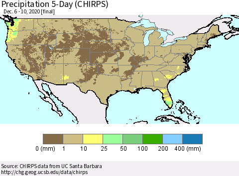 United States Precipitation 5-Day (CHIRPS) Thematic Map For 12/6/2020 - 12/10/2020