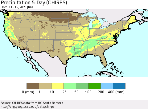 United States Precipitation 5-Day (CHIRPS) Thematic Map For 12/11/2020 - 12/15/2020