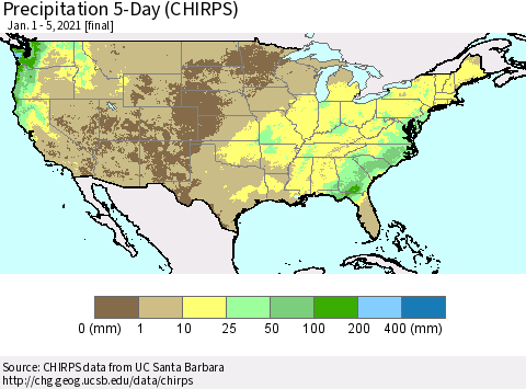 United States Precipitation 5-Day (CHIRPS) Thematic Map For 1/1/2021 - 1/5/2021