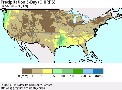 United States Precipitation 5-Day (CHIRPS) Thematic Map For 1/6/2021 - 1/10/2021