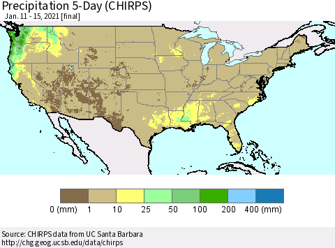 United States Precipitation 5-Day (CHIRPS) Thematic Map For 1/11/2021 - 1/15/2021