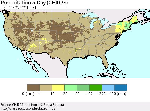 United States Precipitation 5-Day (CHIRPS) Thematic Map For 1/16/2021 - 1/20/2021