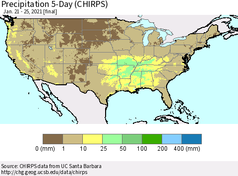 United States Precipitation 5-Day (CHIRPS) Thematic Map For 1/21/2021 - 1/25/2021