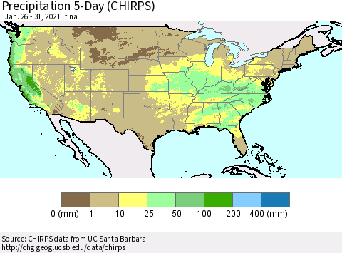 United States Precipitation 5-Day (CHIRPS) Thematic Map For 1/26/2021 - 1/31/2021