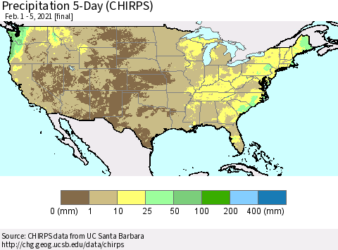 United States Precipitation 5-Day (CHIRPS) Thematic Map For 2/1/2021 - 2/5/2021