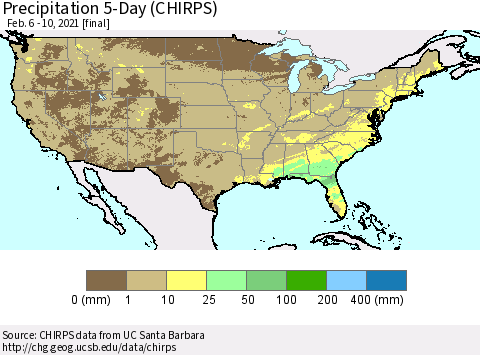United States Precipitation 5-Day (CHIRPS) Thematic Map For 2/6/2021 - 2/10/2021