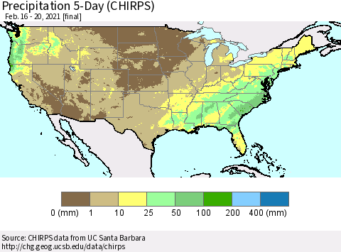 United States Precipitation 5-Day (CHIRPS) Thematic Map For 2/16/2021 - 2/20/2021