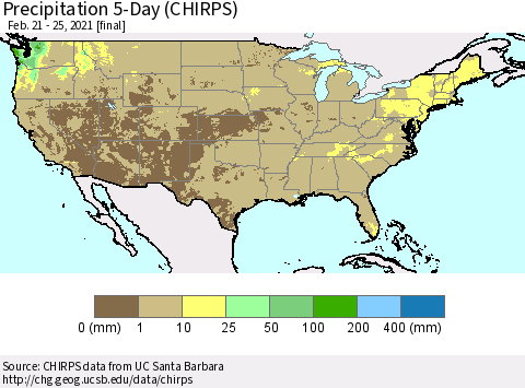 United States Precipitation 5-Day (CHIRPS) Thematic Map For 2/21/2021 - 2/25/2021