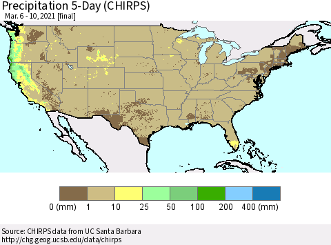 United States Precipitation 5-Day (CHIRPS) Thematic Map For 3/6/2021 - 3/10/2021