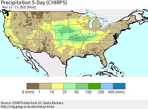 United States Precipitation 5-Day (CHIRPS) Thematic Map For 3/11/2021 - 3/15/2021