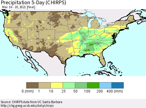 United States Precipitation 5-Day (CHIRPS) Thematic Map For 3/16/2021 - 3/20/2021