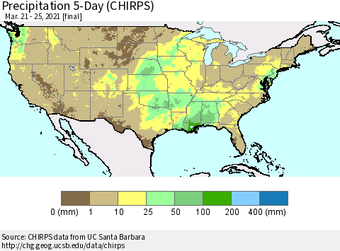 United States Precipitation 5-Day (CHIRPS) Thematic Map For 3/21/2021 - 3/25/2021