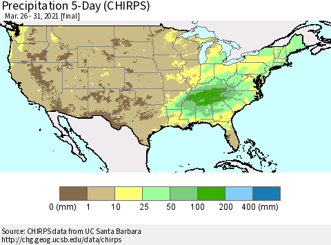 United States Precipitation 5-Day (CHIRPS) Thematic Map For 3/26/2021 - 3/31/2021