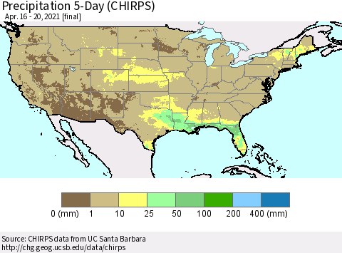 United States Precipitation 5-Day (CHIRPS) Thematic Map For 4/16/2021 - 4/20/2021