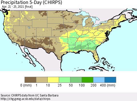 United States Precipitation 5-Day (CHIRPS) Thematic Map For 4/21/2021 - 4/25/2021