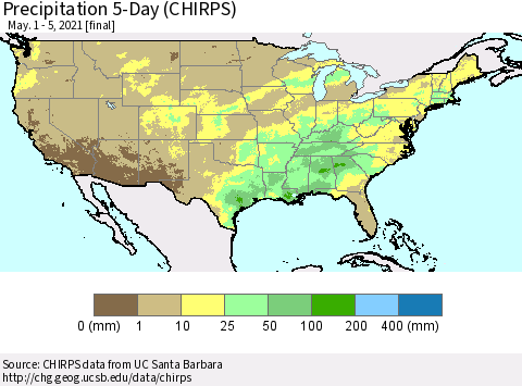 United States Precipitation 5-Day (CHIRPS) Thematic Map For 5/1/2021 - 5/5/2021
