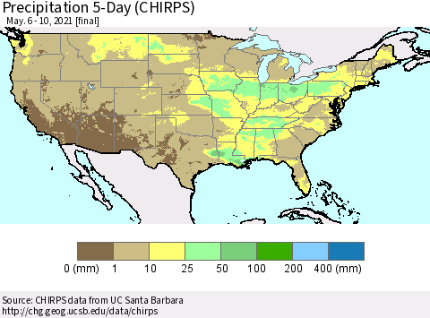 United States Precipitation 5-Day (CHIRPS) Thematic Map For 5/6/2021 - 5/10/2021