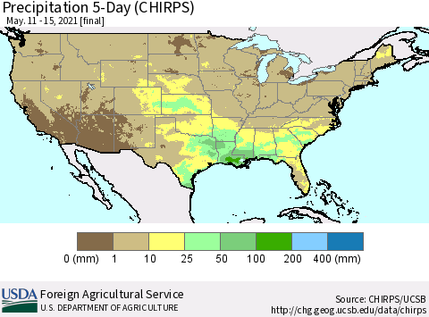 United States Precipitation 5-Day (CHIRPS) Thematic Map For 5/11/2021 - 5/15/2021