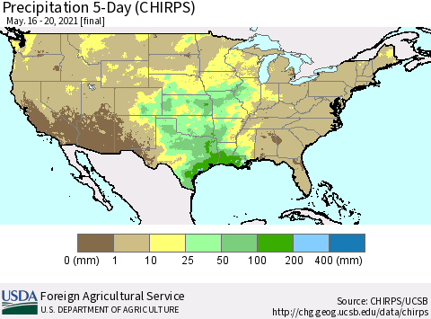 United States Precipitation 5-Day (CHIRPS) Thematic Map For 5/16/2021 - 5/20/2021