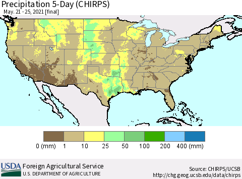 United States Precipitation 5-Day (CHIRPS) Thematic Map For 5/21/2021 - 5/25/2021