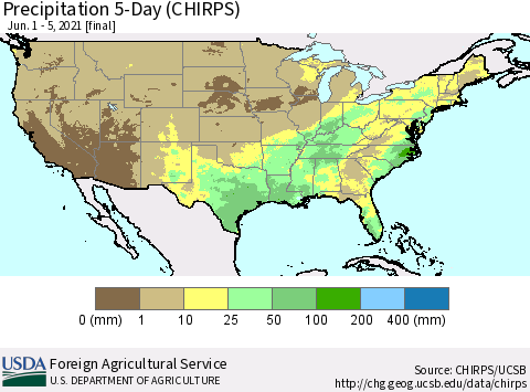 United States Precipitation 5-Day (CHIRPS) Thematic Map For 6/1/2021 - 6/5/2021
